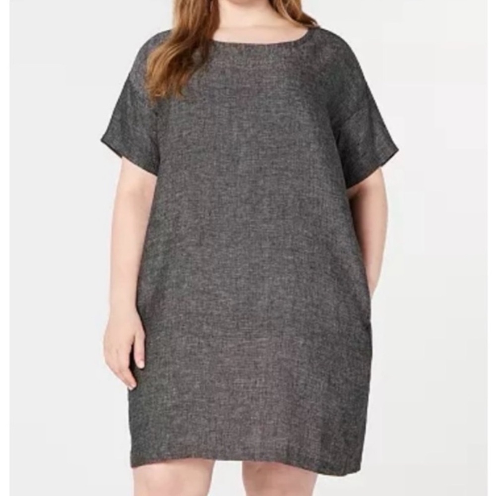 Eileen Fisher Tunic Gray Organic Linen Shift Dress Small Short Sleeve Lagenlook